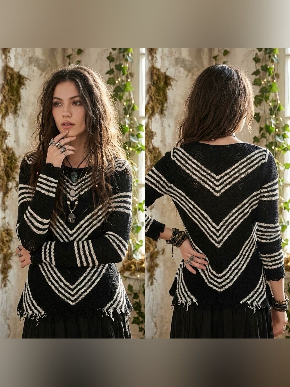 G by Guess Women's Black & Cream Chevron Fringe Crewneck Sweater Size XS